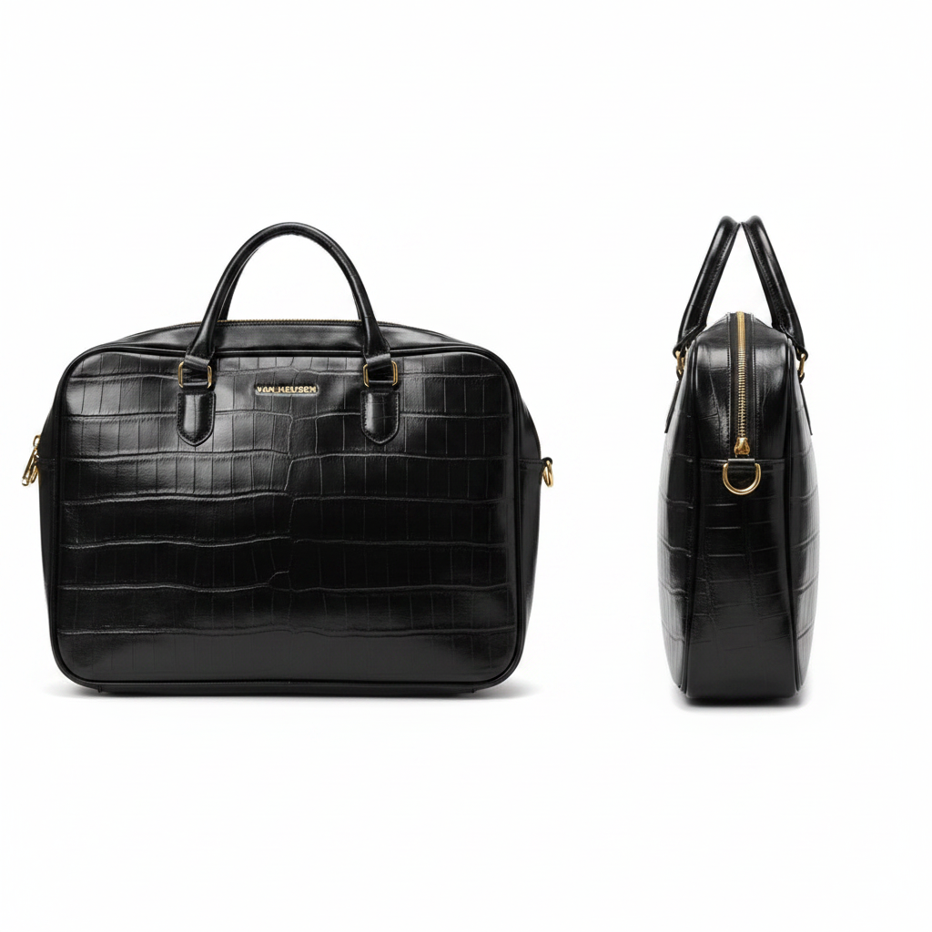 Van Heusen black croc-embossed leather laptop bag ghost mannequin front and side view