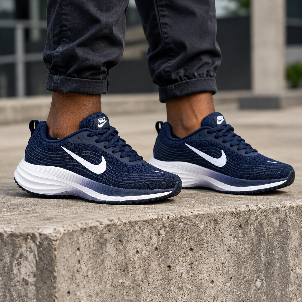 Men's Navy Blue Mesh Wave Texture Lace-Up Running Sneaker – Leg Shot