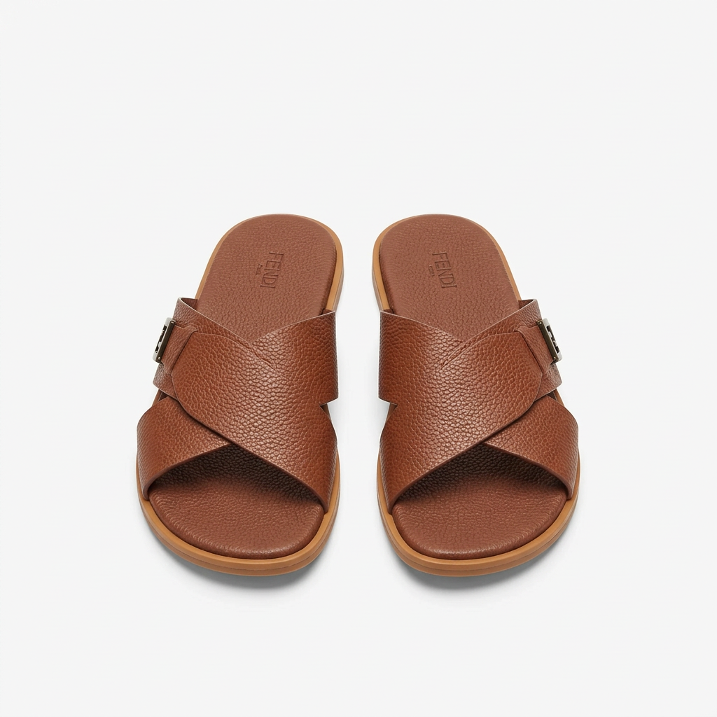 Pair of cognac brown textured cross-strap slides on white