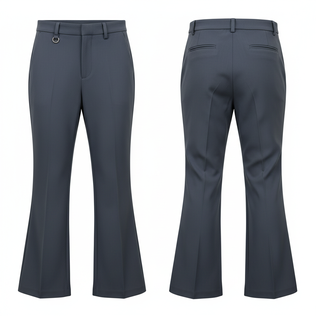 Women's dark grey tailored flared palazzo trousers ghost mannequin front and back view