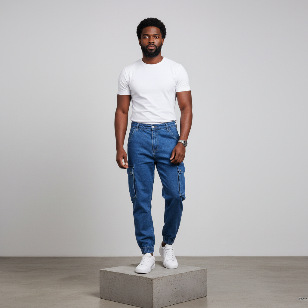 Blue Denim Cargo Jogger Jeans – Front Model
