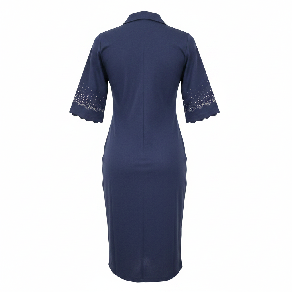 Navy Blue Rhinestone Zip-Front Midi Dress - Ghost Mannequin Back (Corrected)