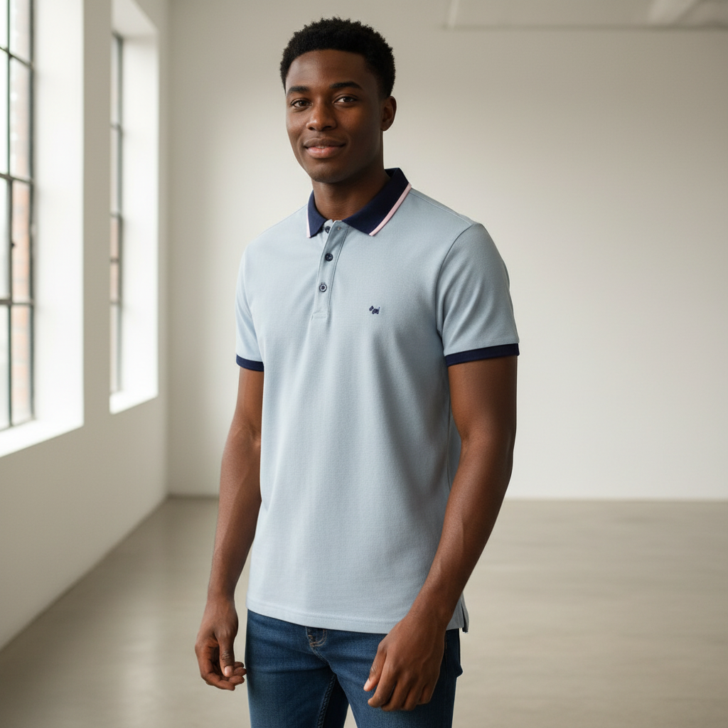Young Nigerian male model wearing sky blue polo shirt with navy contrast collar and cuffs