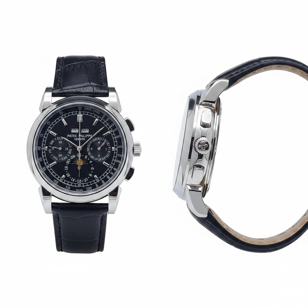 Men's silver steel chronograph black dial moon phase watch — ghost mannequin front and side view, black leather strap