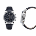 Men's silver steel chronograph black dial moon phase watch — ghost mannequin front and side view, black leather strap