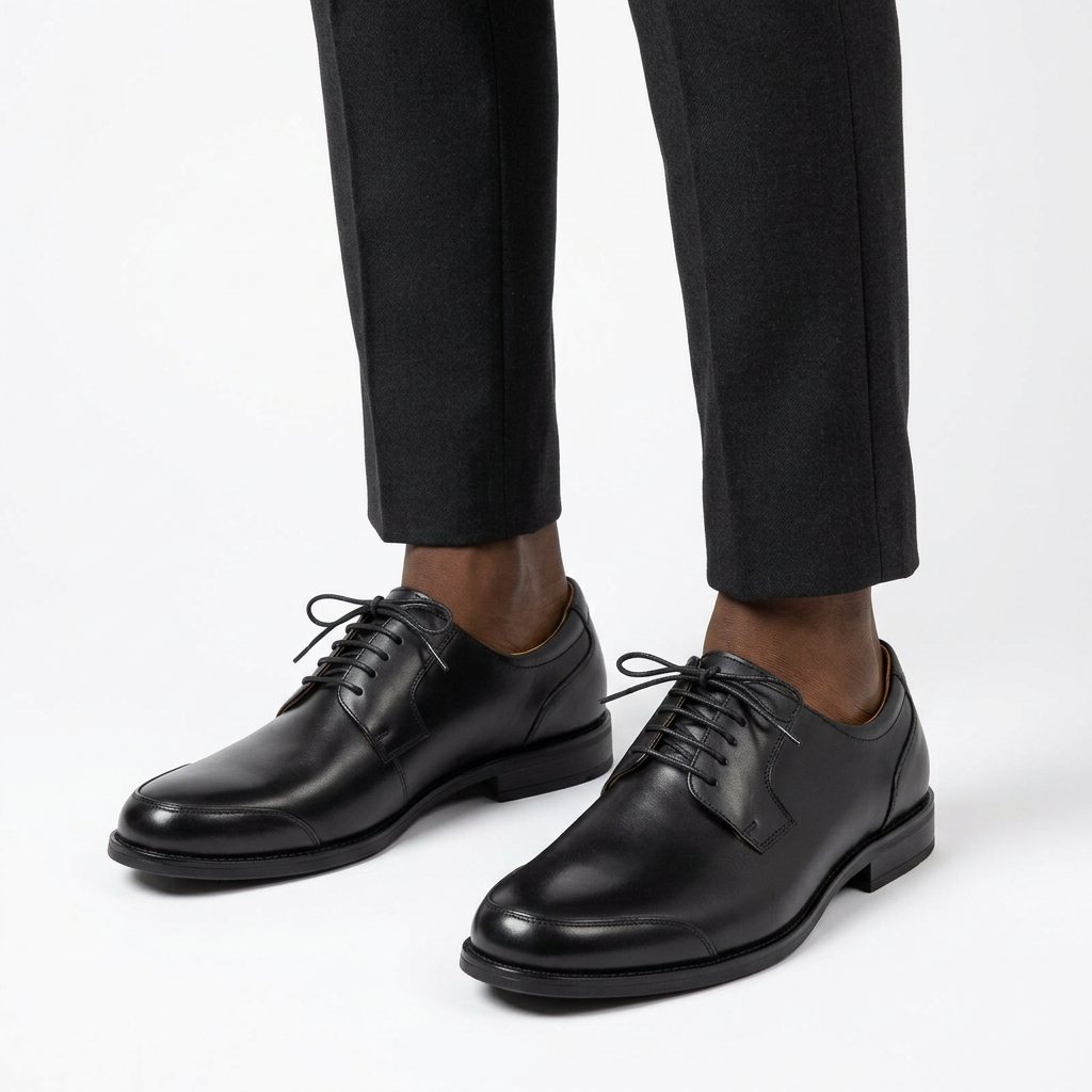 Both black plain-toe Derby shoes worn by a Black male model