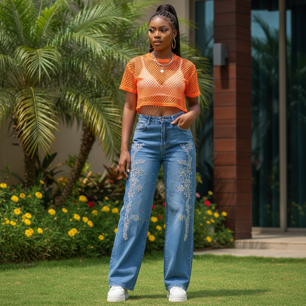 Women's Blue Floral Vine Embroidered Rhinestone Wide-Leg Denim Jeans – Nigerian Model Shot