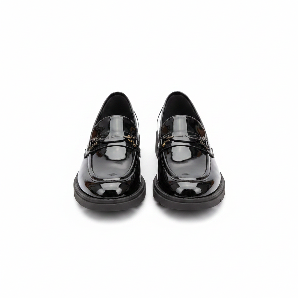 Women's black patent leather penny loafer with gold hardware and lug sole – pair shot