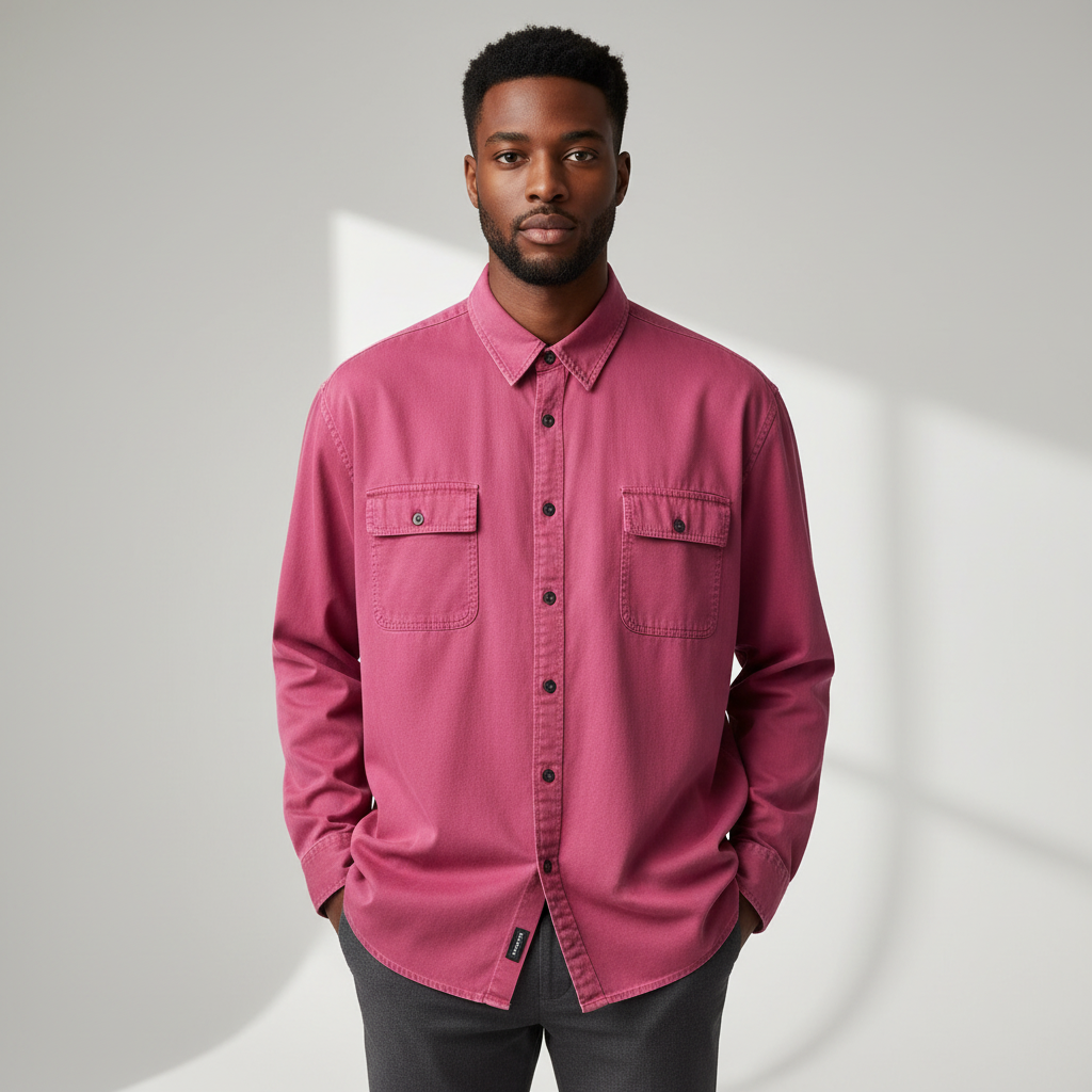 Male model wearing fuchsia pink long sleeve shirt