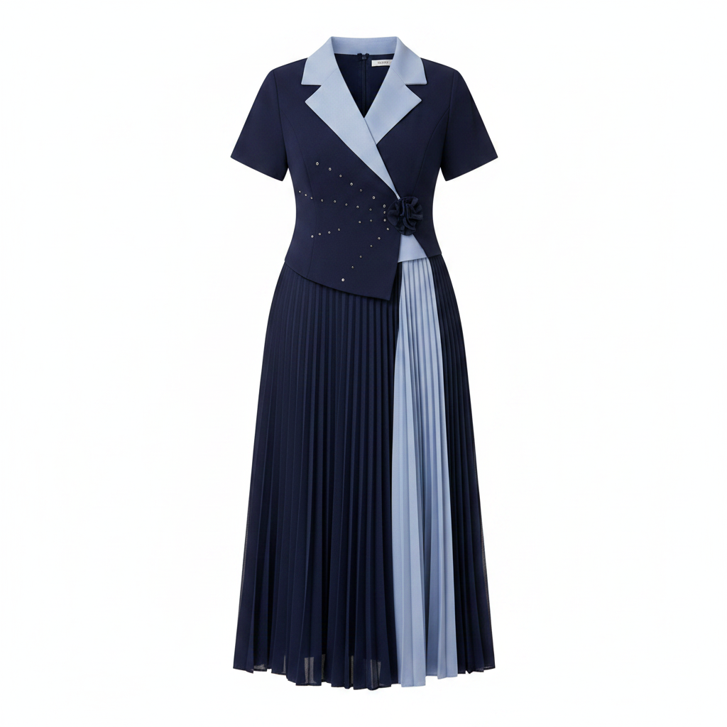 Women's navy and powder blue colour-block pleated midi gown – ghost mannequin front view