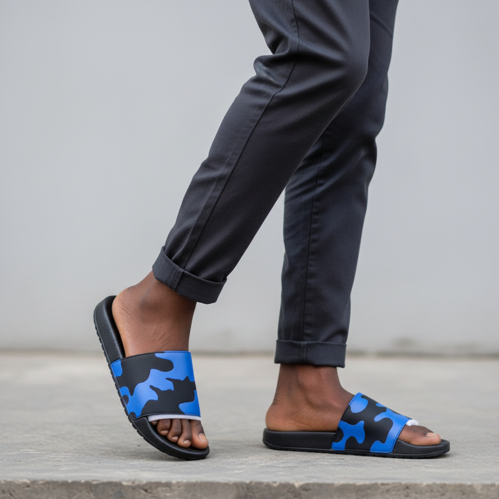 Men's Blue & Black Camo-Print Slide Sandal – Leg Focus Model Shot