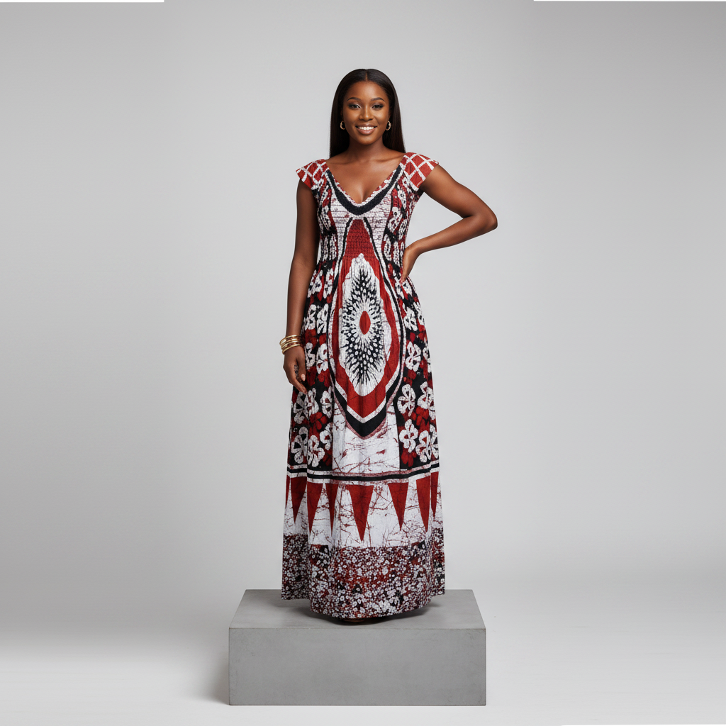 Red Adire Print Long Bubu Gown – Model Front View