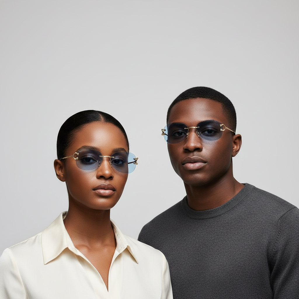 Nigerian female and male models wearing rimless gold bridge aviator sunglasses with ice blue lenses – editorial medium shot professional grey background
