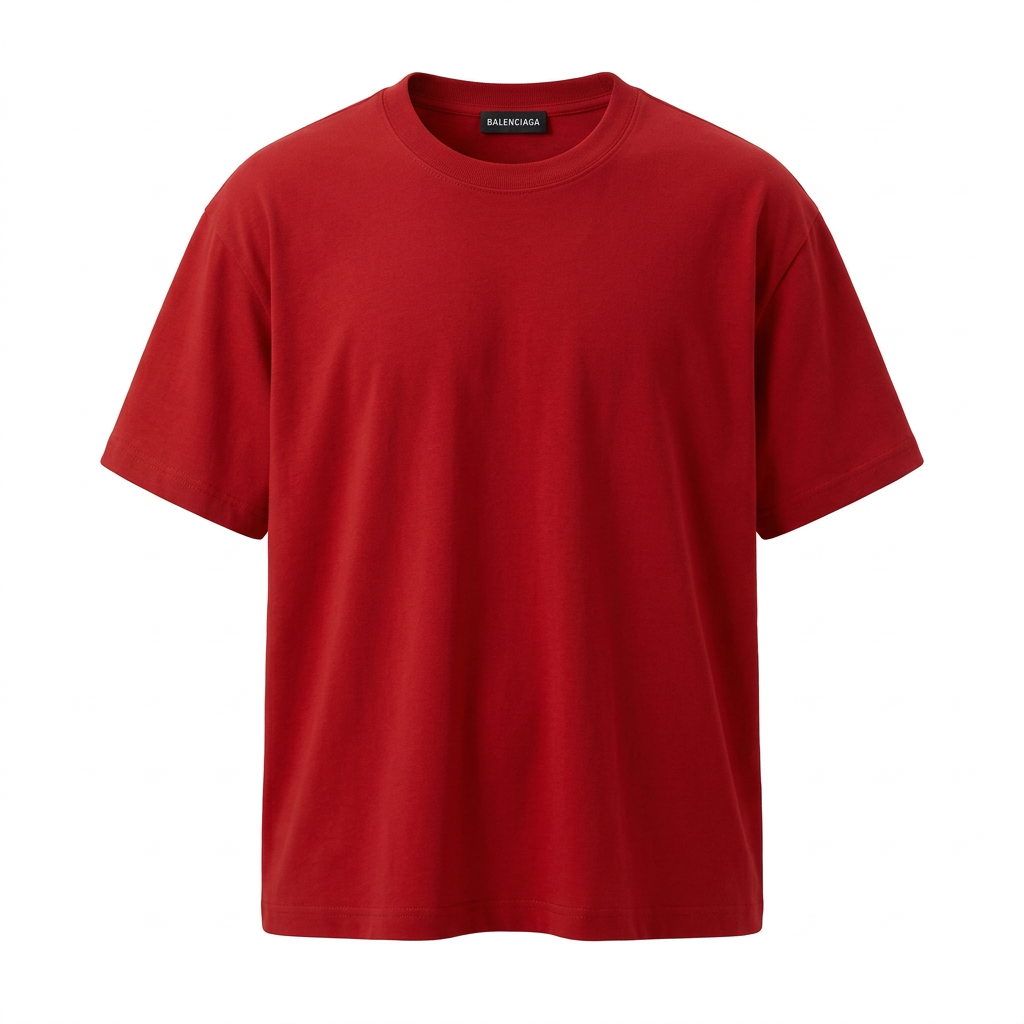 Red plain crew-neck T-shirt in a three-dimensional ghost mannequin view on white