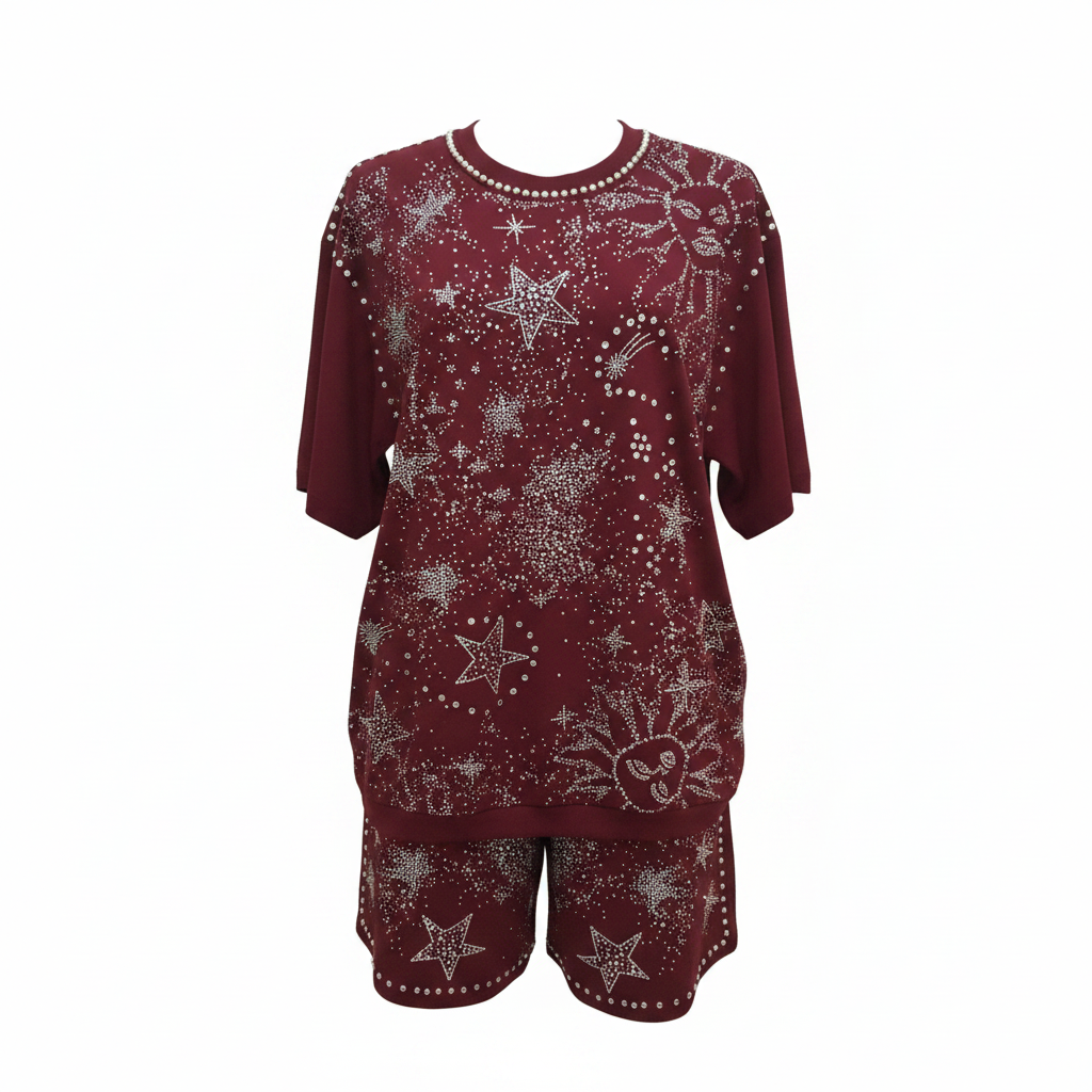 Burgundy Star Rhinestone Top & Shorts Set - Ghost Mannequin Front View
