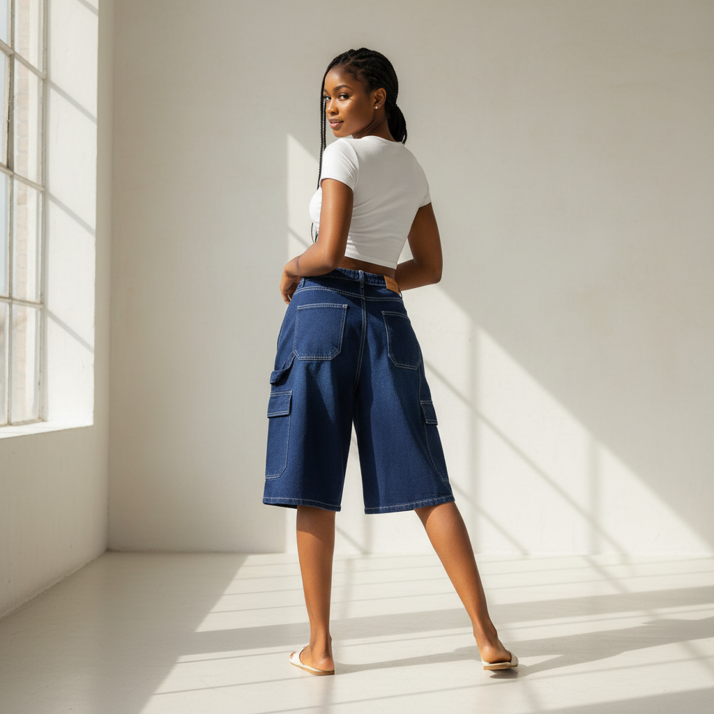 Navy cargo shorts back view on model