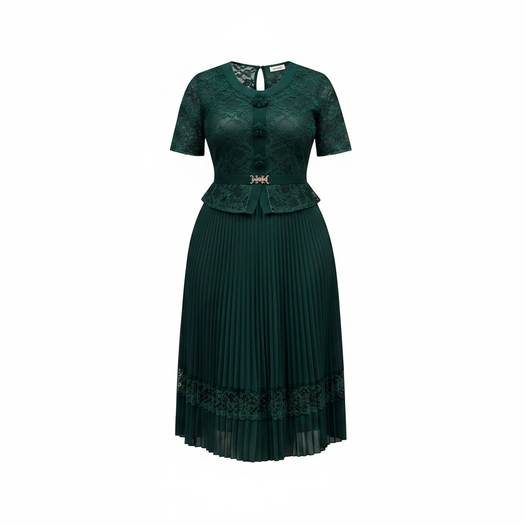 Women's Lace Bodice Pleated Midi Dress - Ghost Mannequin Emerald Green