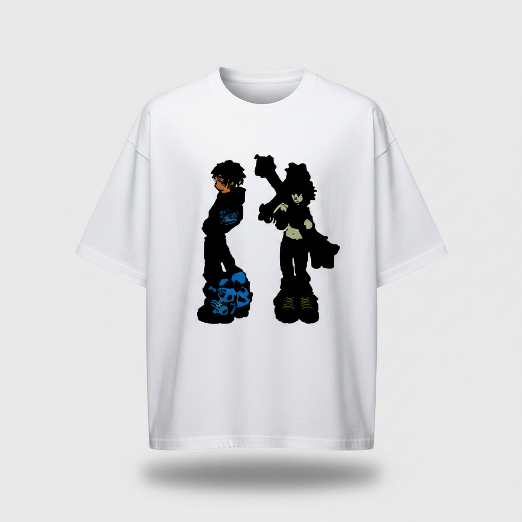 White illustrated duo print oversized tee front view