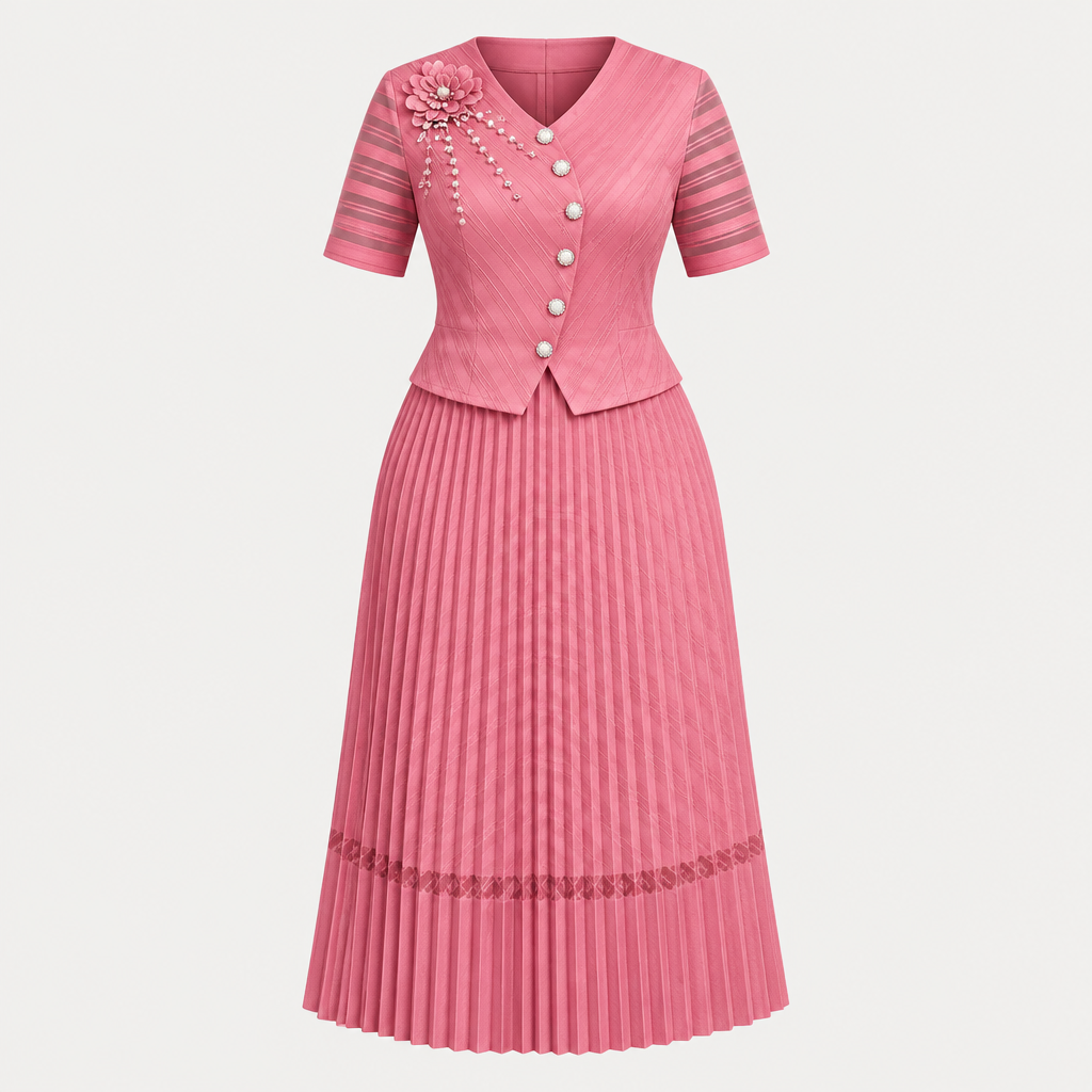 Pink floral-detail pleated dress on invisible mannequin