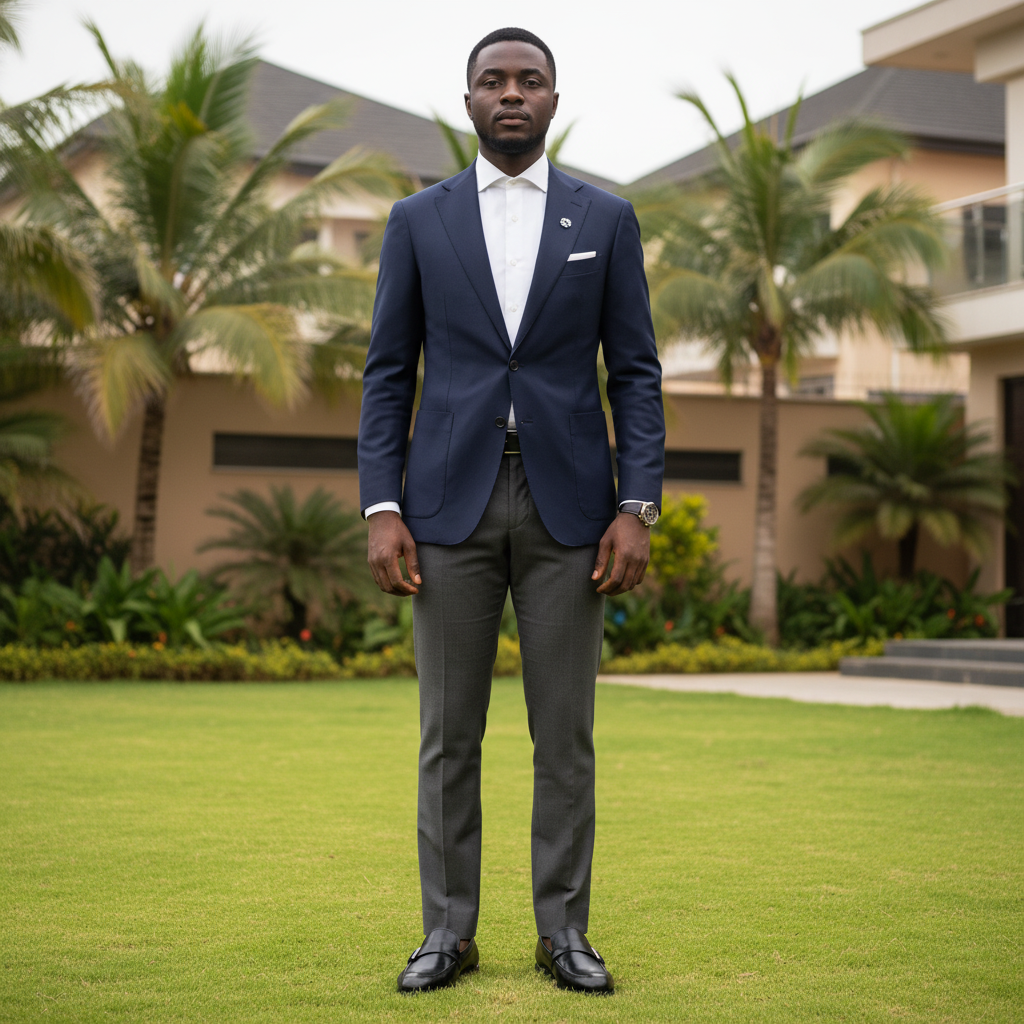 Nigerian male model wearing black smooth leather buckle strap loafer shoes in garden setting