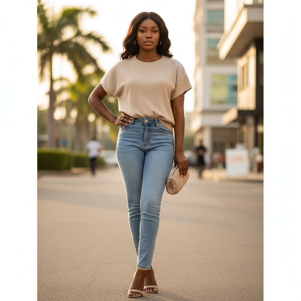 Young Nigerian female wearing beige rhinestone knit short sleeve top