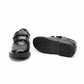 Kids' black velcro brogue school shoes ghost mannequin pair front and sole view