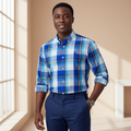 Nigerian model wearing Ralph Polo Royal Blue Sky Blue Tartan Check Shirt