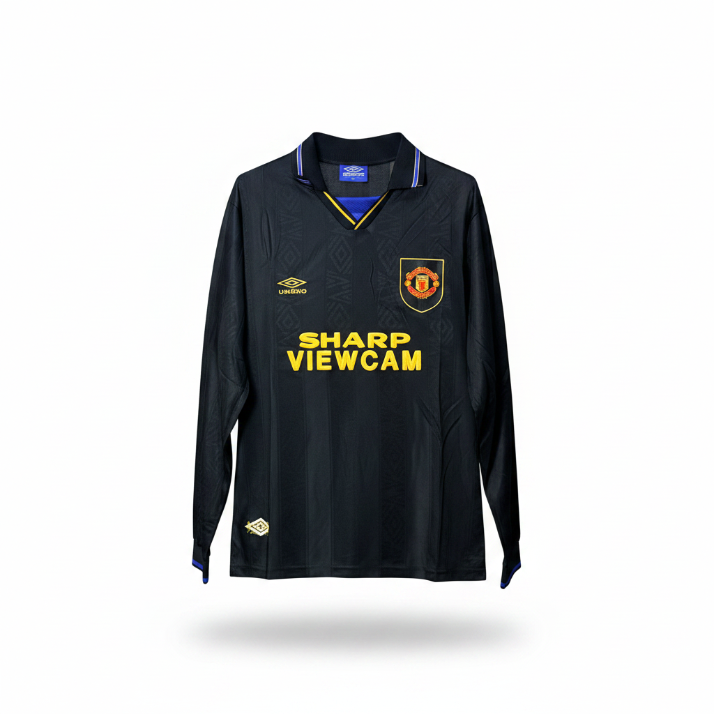 Black long-sleeve retro football jersey with yellow sponsor and diamond pattern — ghost mannequin front view