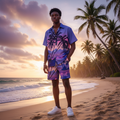 African Nigerian male model wearing men's sunset gradient tropical print beach co-ord set on a tropical beach