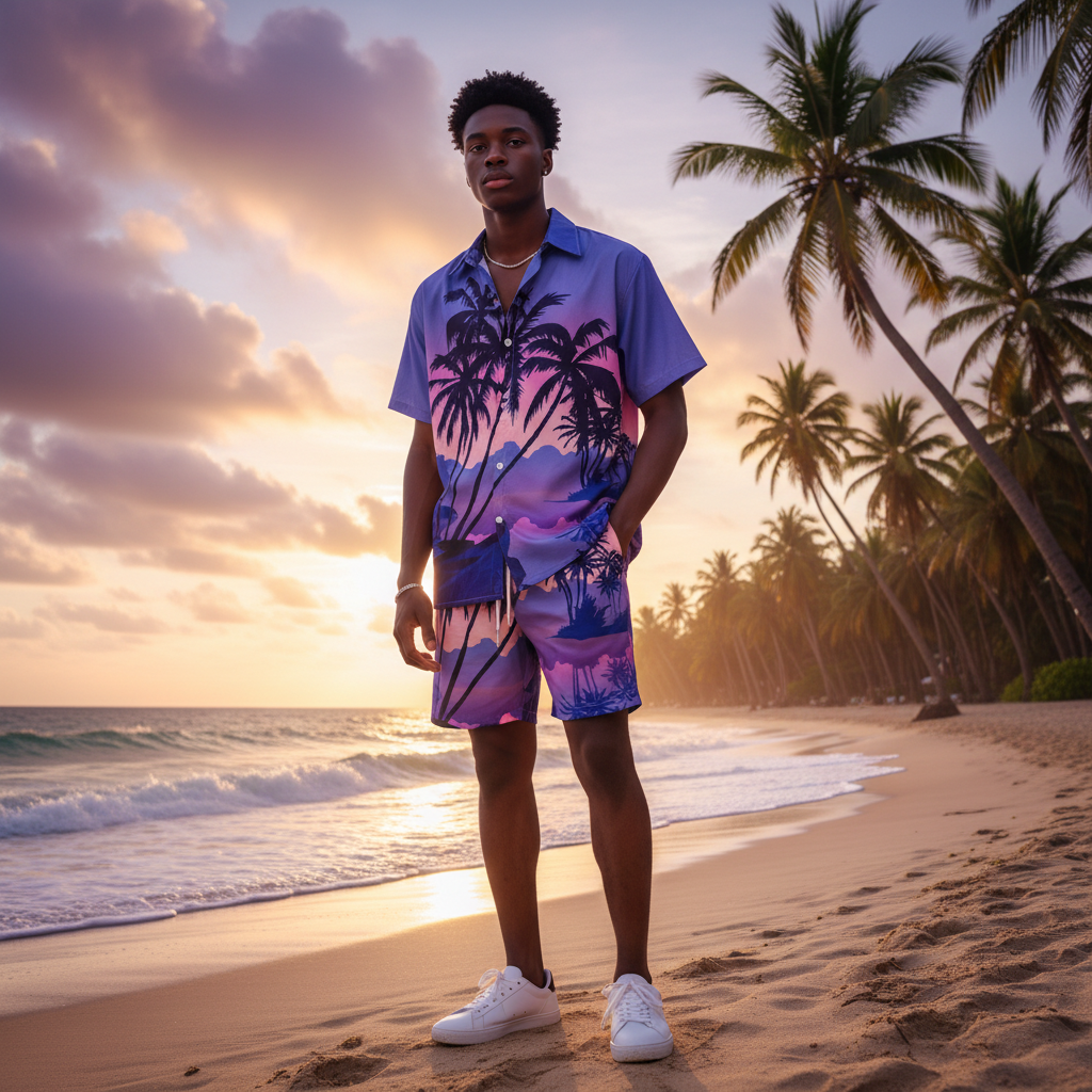 African Nigerian male model wearing men's sunset gradient tropical print beach co-ord set on a tropical beach