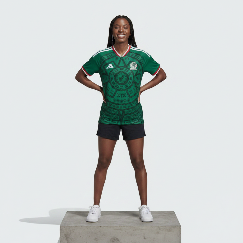 Nigerian female model wearing green Aztec graphic football jersey on concrete plinth