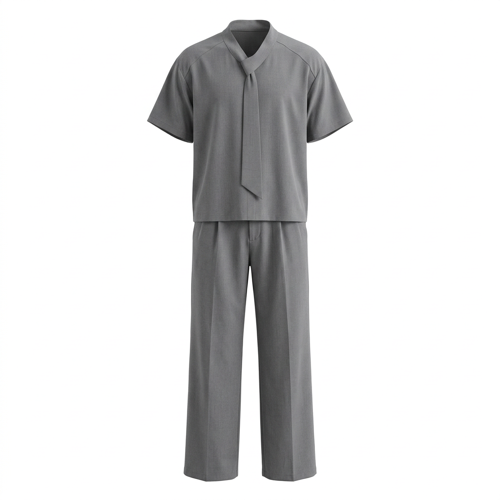 Grey tie-neck shirt and wide-leg trouser set in shaped ghost mannequin view