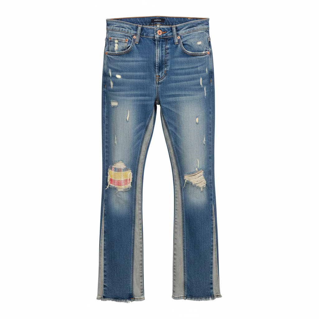 Blue distressed ripped flare jeans on ghost mannequin, white background