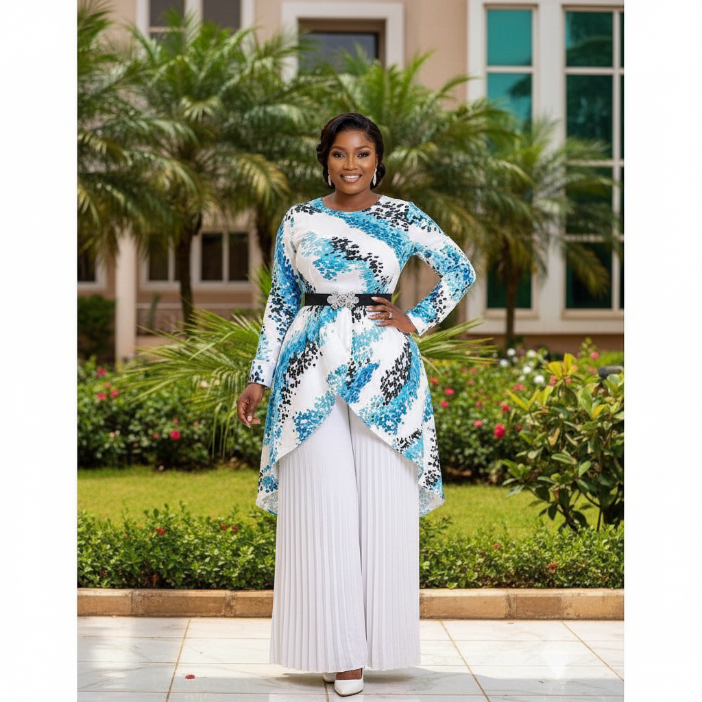 Nigerian female model wearing blue print top and white pleated palazzo trousers set