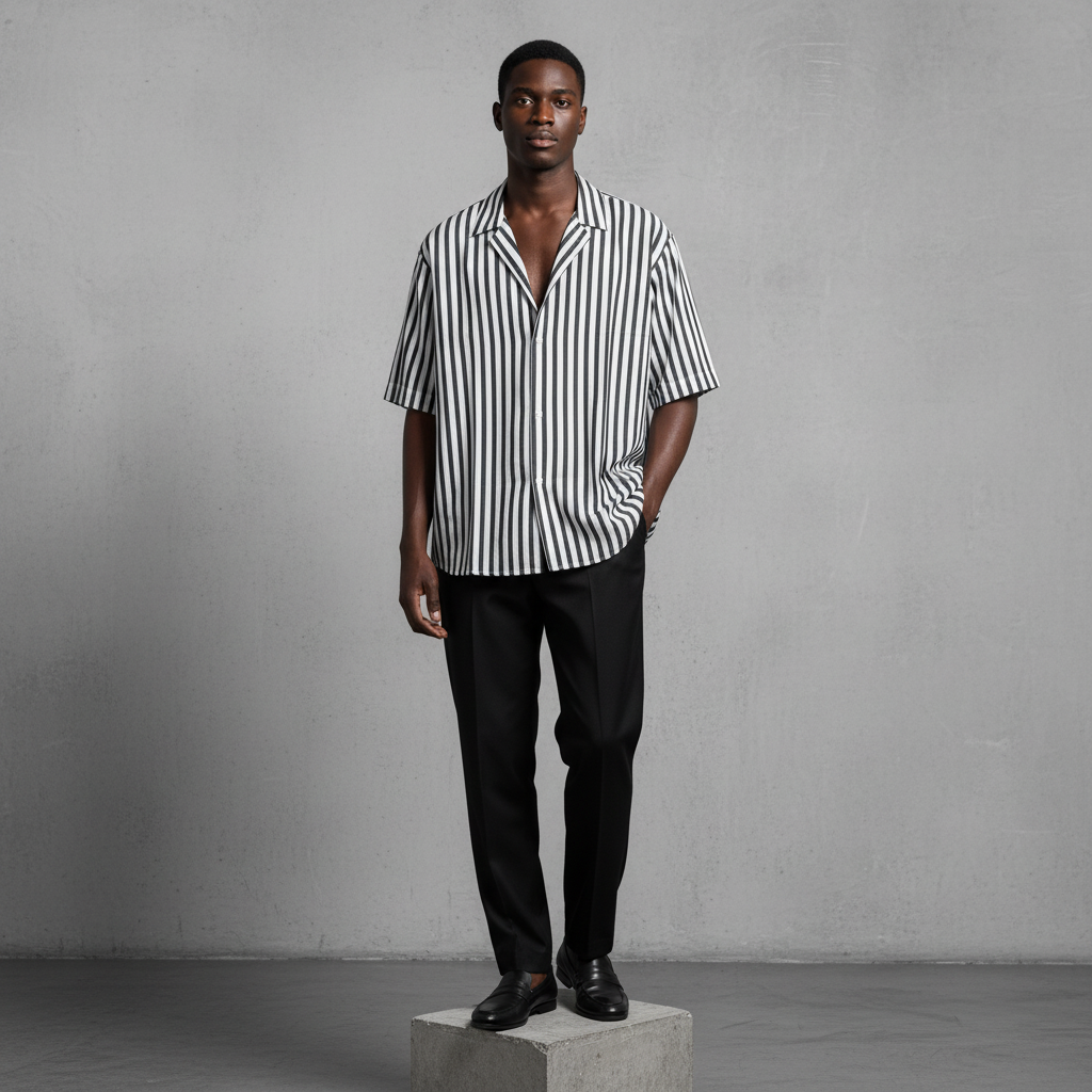 Nigerian male model wearing black and white striped short-sleeved shirt
