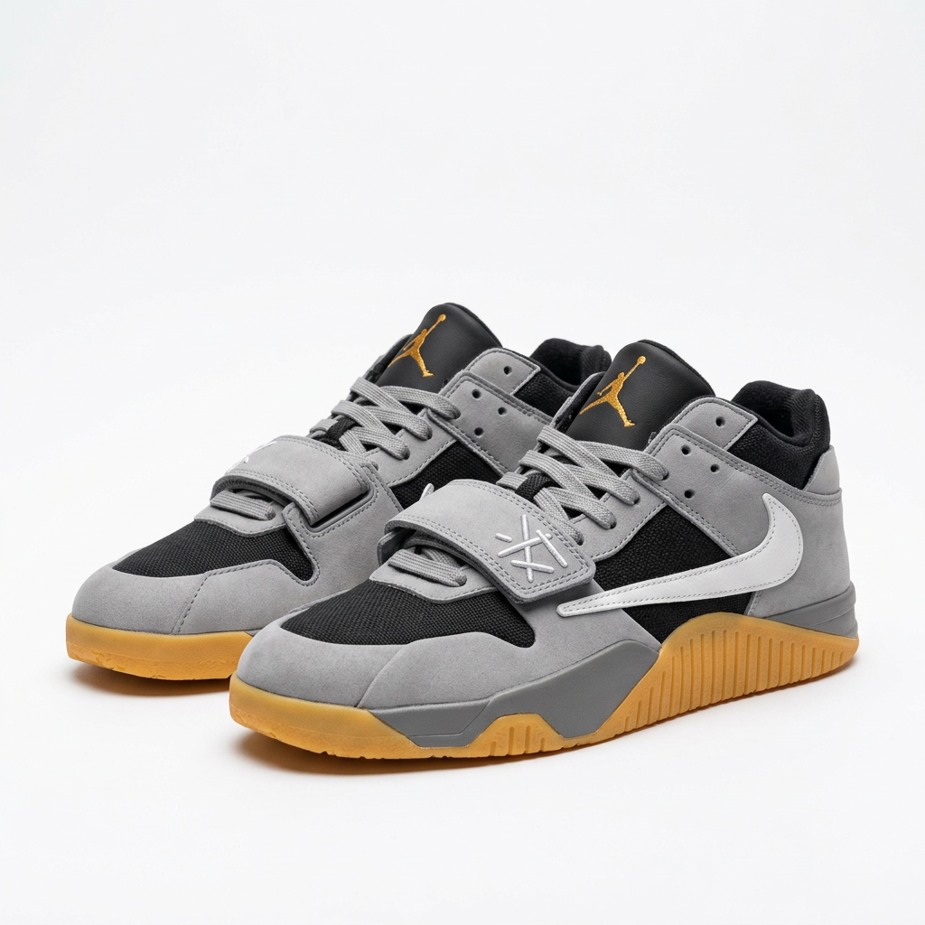 Pair of grey and black strap sneakers with gum-coloured soles on a white background