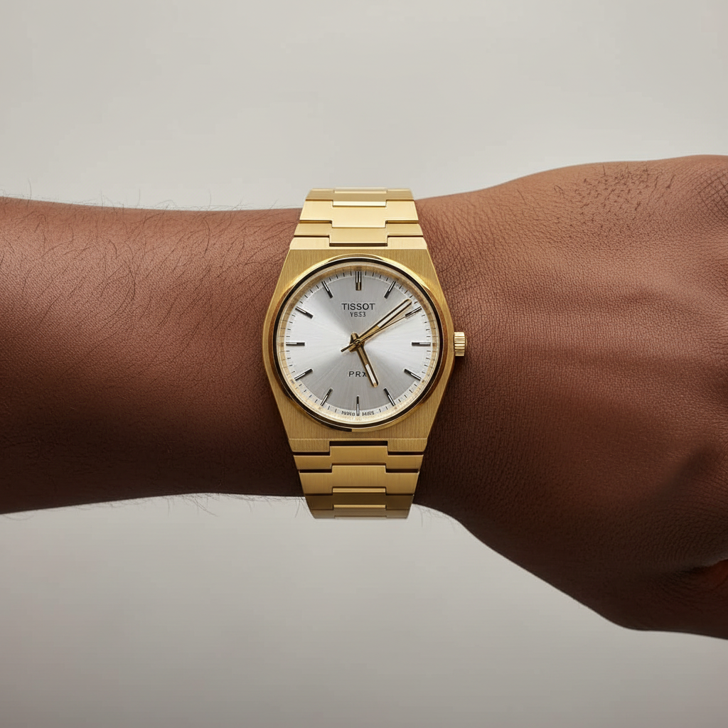 Nigerian male wrist wearing gold-tone dress watch with silver sunray dial