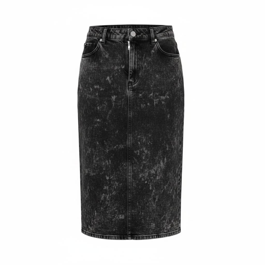 Ghost mannequin view of Women's Black Acid-Wash Denim Midi Pencil Skirt