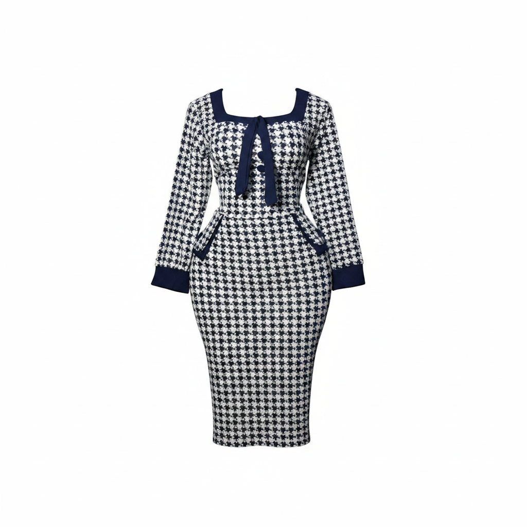 Women's Navy Houndstooth Print Bow Tie Bodycon Midi Dress – Ghost Mannequin Front View