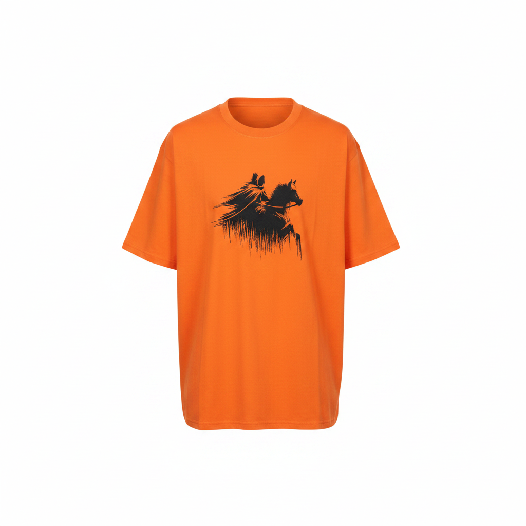Unisex orange warrior on horseback sketch graphic oversized tee – ghost mannequin front view