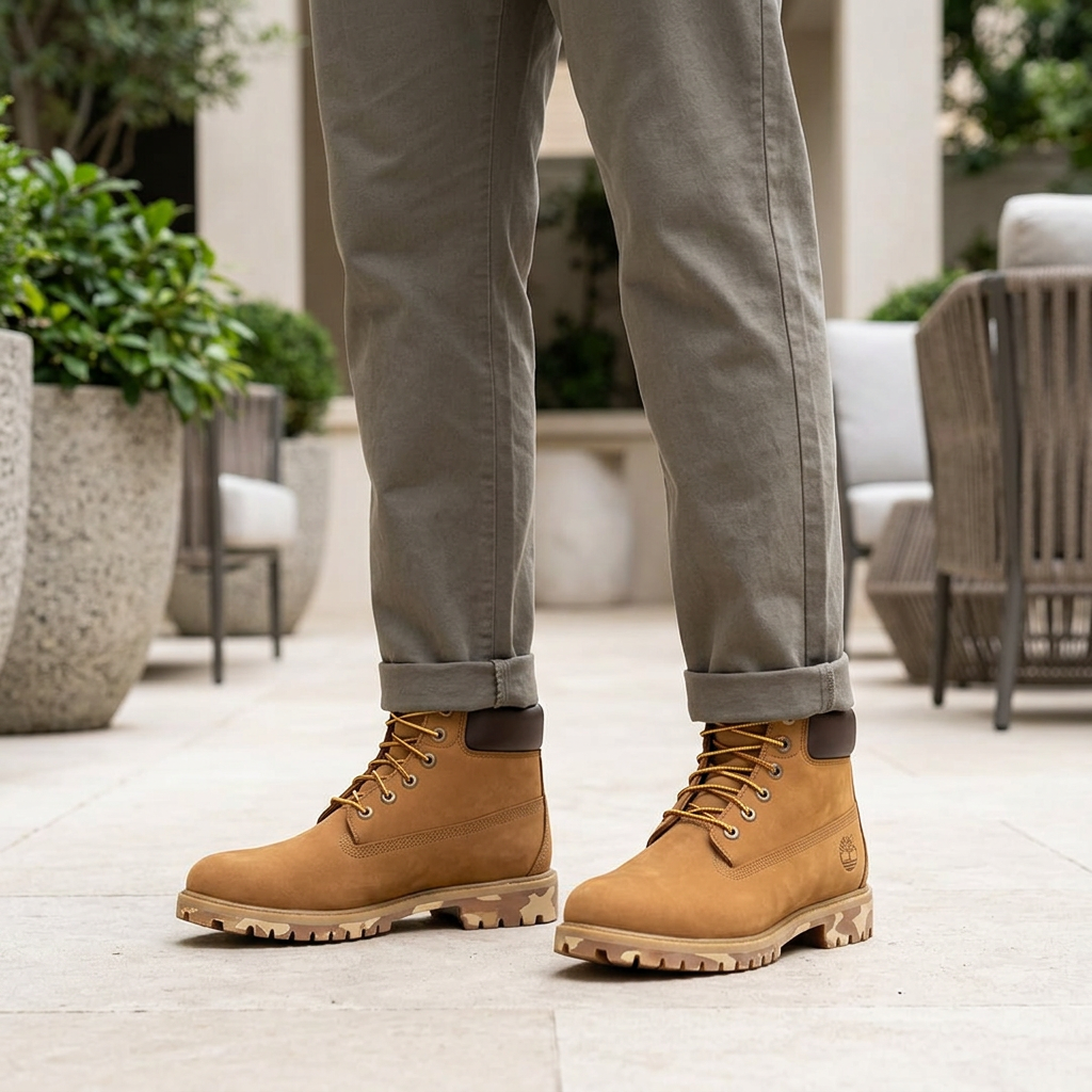 Generated model view of tan lace-up footwear with camouflage soles