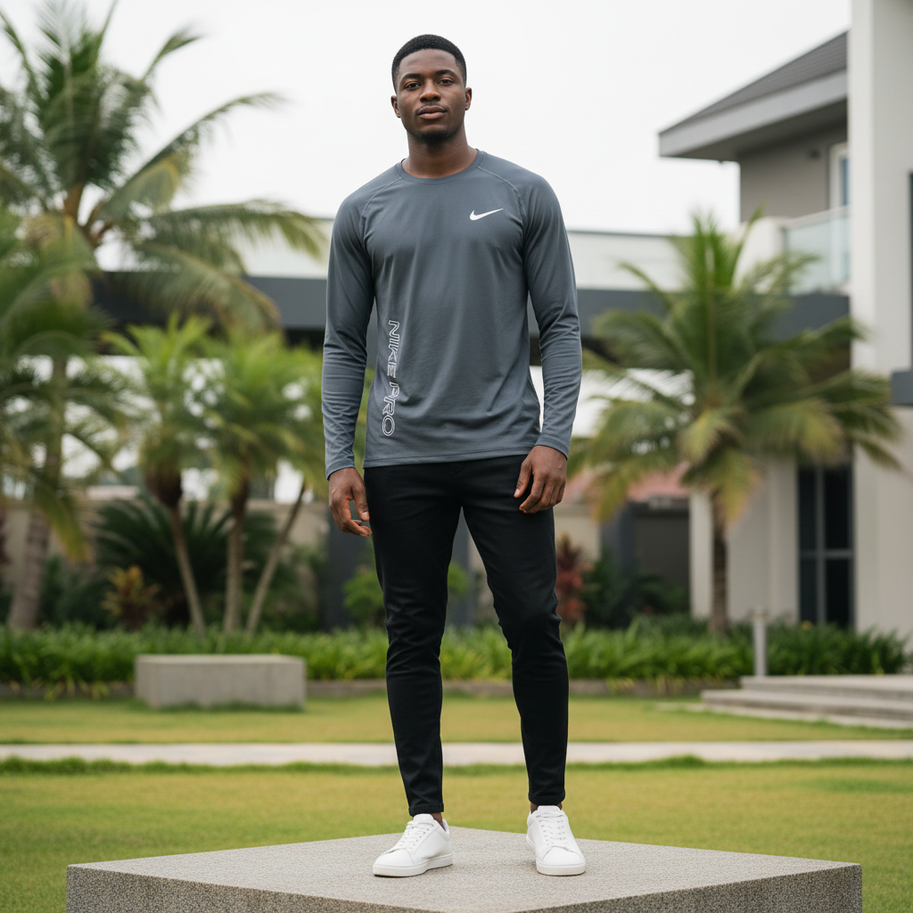 Men's Charcoal Grey Long-Sleeve Athletic Performance Shirt – Nigerian Male Model