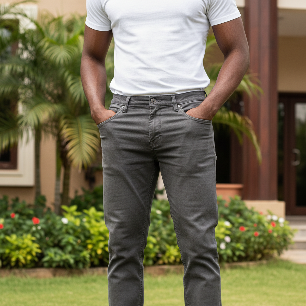 Nigerian male model wearing Men's Dark Grey Straight-Leg Chino Jeans
