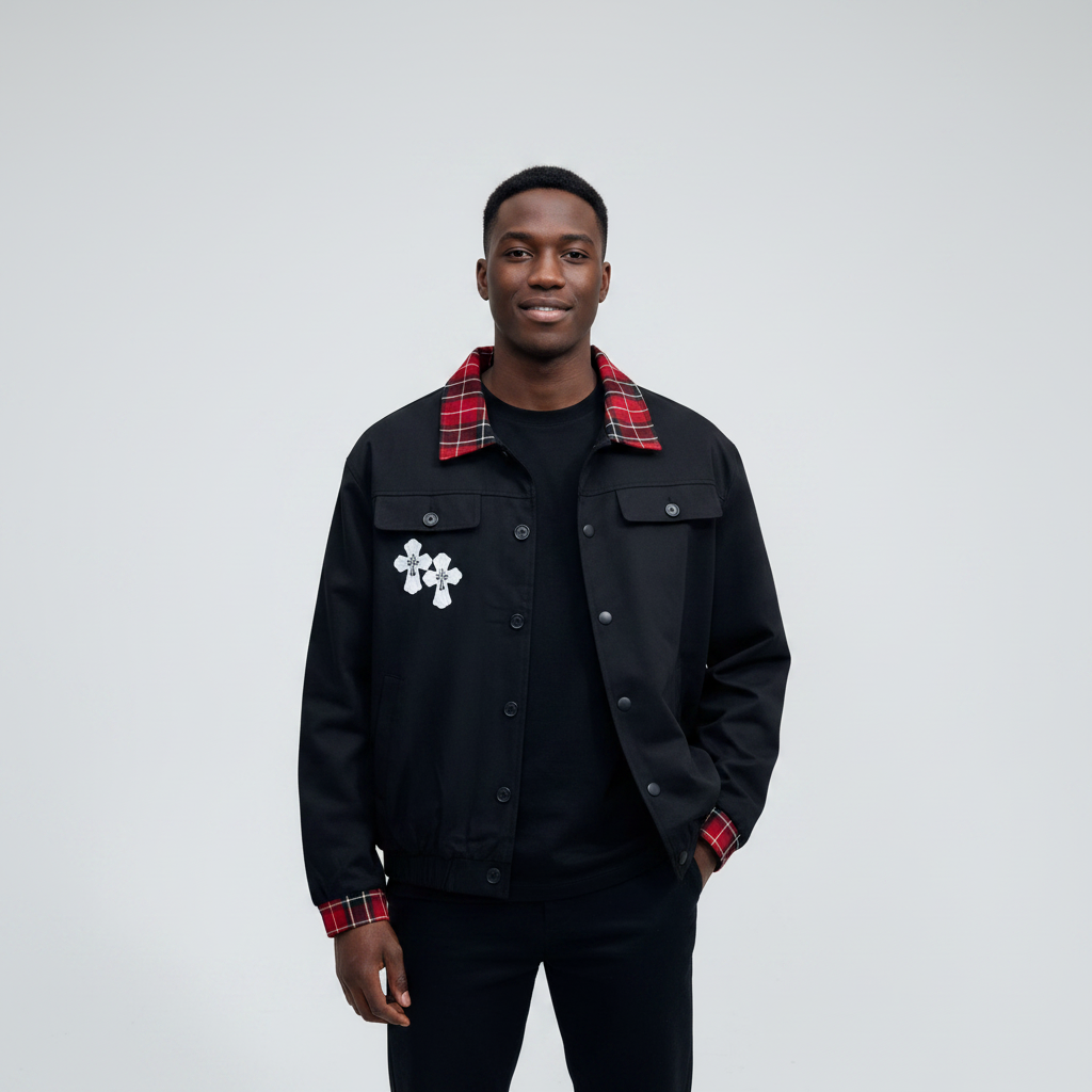 Nigerian model wearing Black Tartan Collar Cross Emblem Oversized Jacket - Light Background