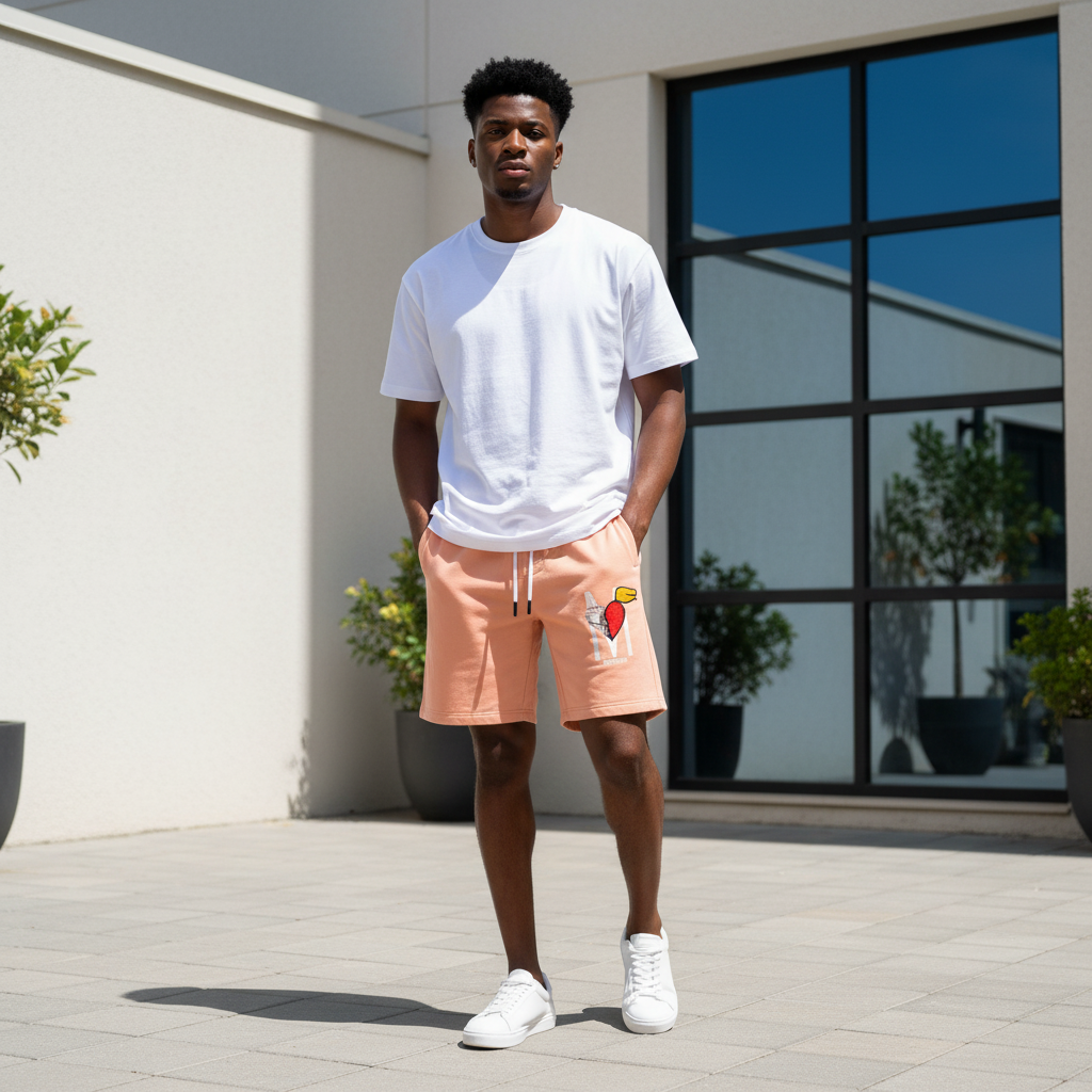 Young Nigerian male model wearing Salmon M Winged Heart Graphic Shorts