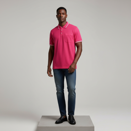 Fuchsia Waffle-Knit White-Tipped Polo Shirt - Model Front