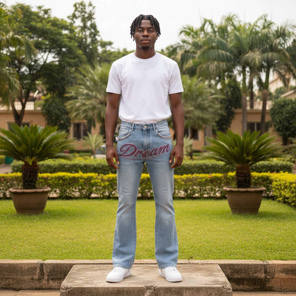 Nigerian male model full body wearing men's light blue pink rhinestone script flared denim jeans