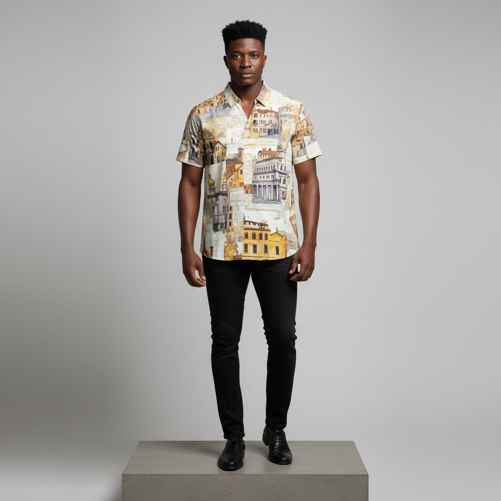 European Architecture Print Short-Sleeved Shirt - Model Front