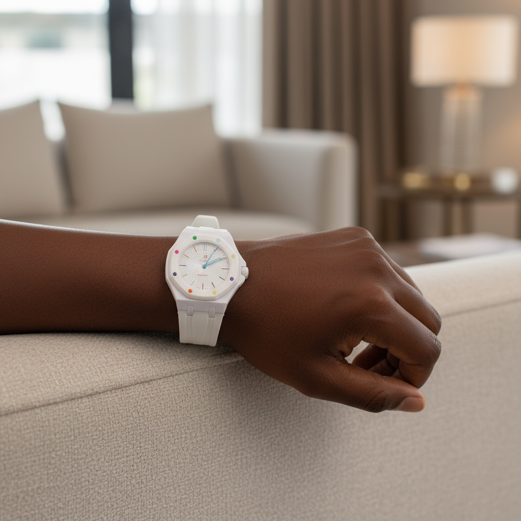 Nigerian model wearing unisex white octagonal pop watch on wrist