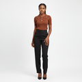 KC Chocolate Brown Ribbed Knit Jewel Button Collar Top – Model Shot
